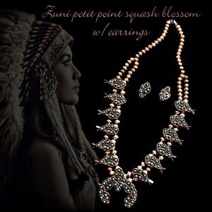 Vintage Zuni petit point squash blossom w/earrings